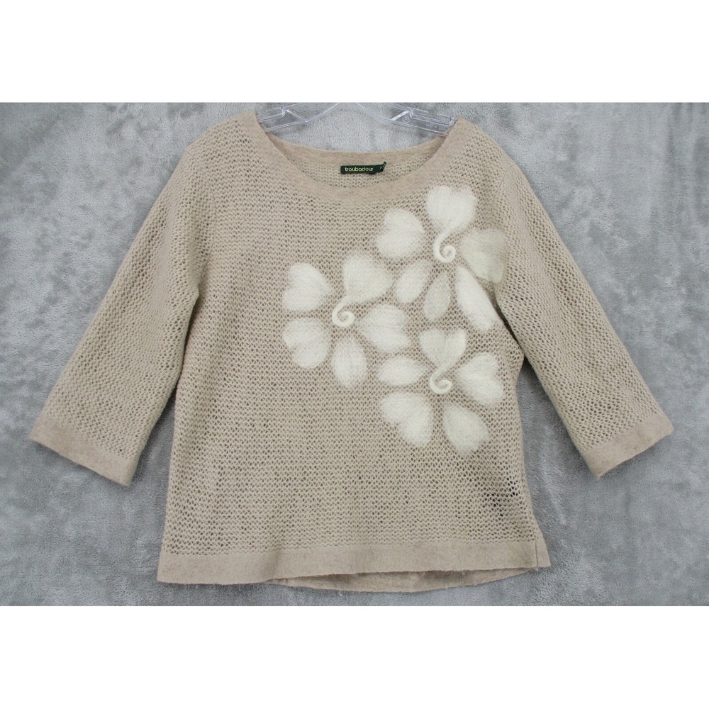 Vintage Troubadour Sweater Womens Size M Wool Floral Vintage Open Knit Beige